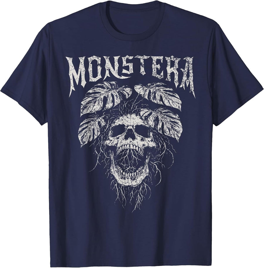 Monstera Funny Skull Plant Lover Grunge Gardener Women Men T-Shirt - Navy Blue
