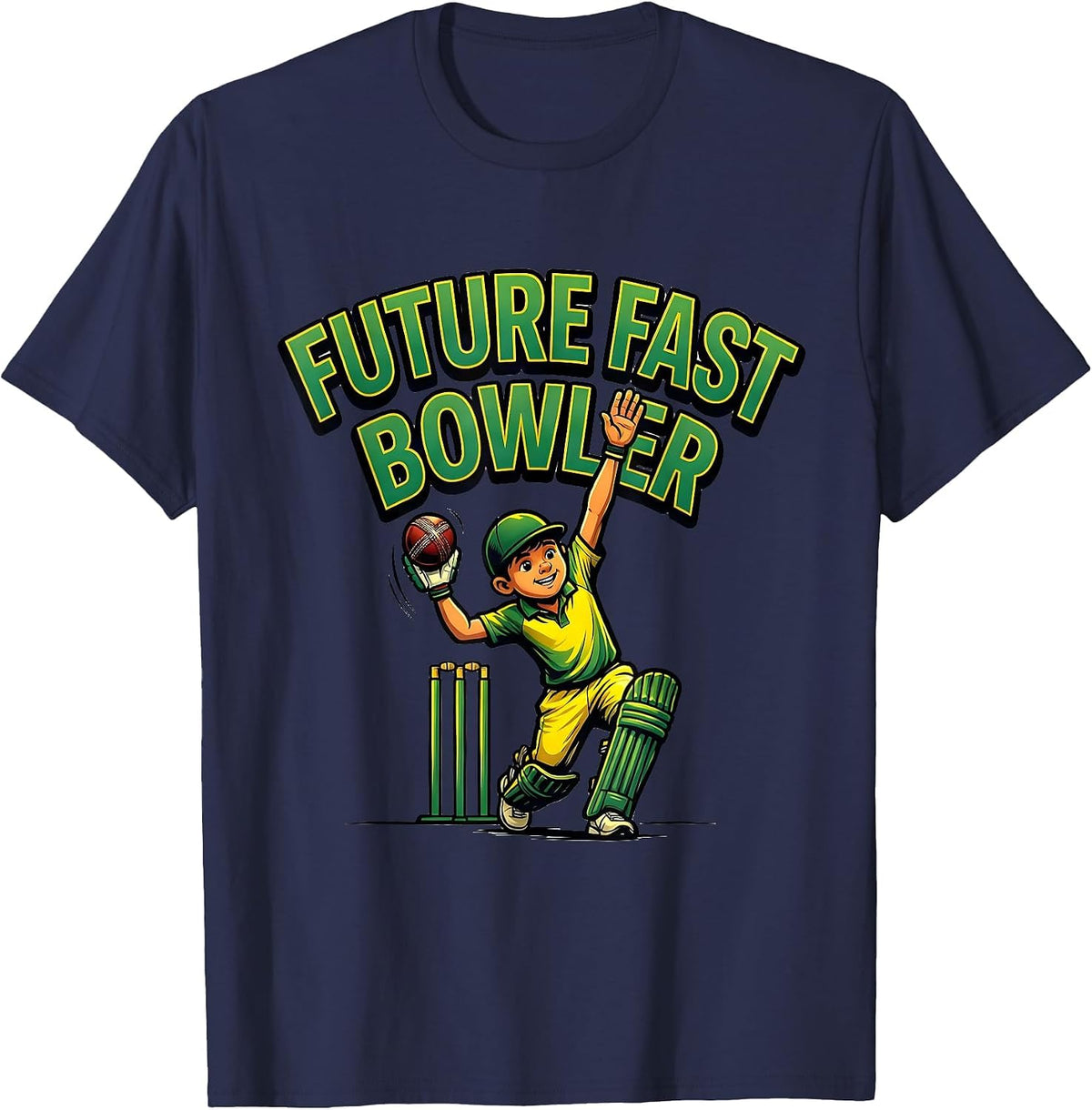 Men's Future Fast Bowler Cartoon Cricket Bowler Youth Gift T-Shirt - Navy Blue