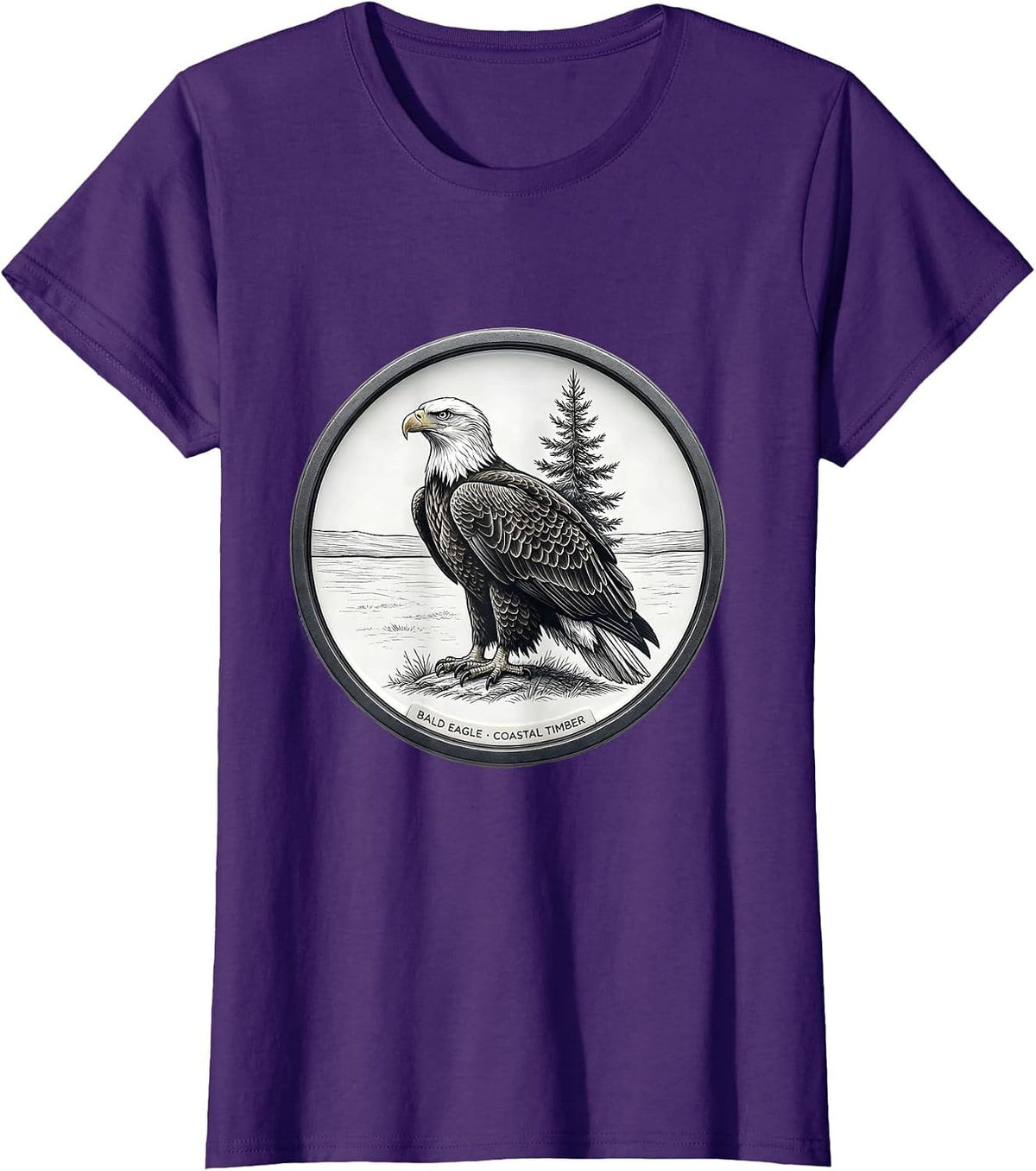 Women's Bald Eagle Coastal Timber Minimalist Wildlife Portrait Art T-Shirt - Purple