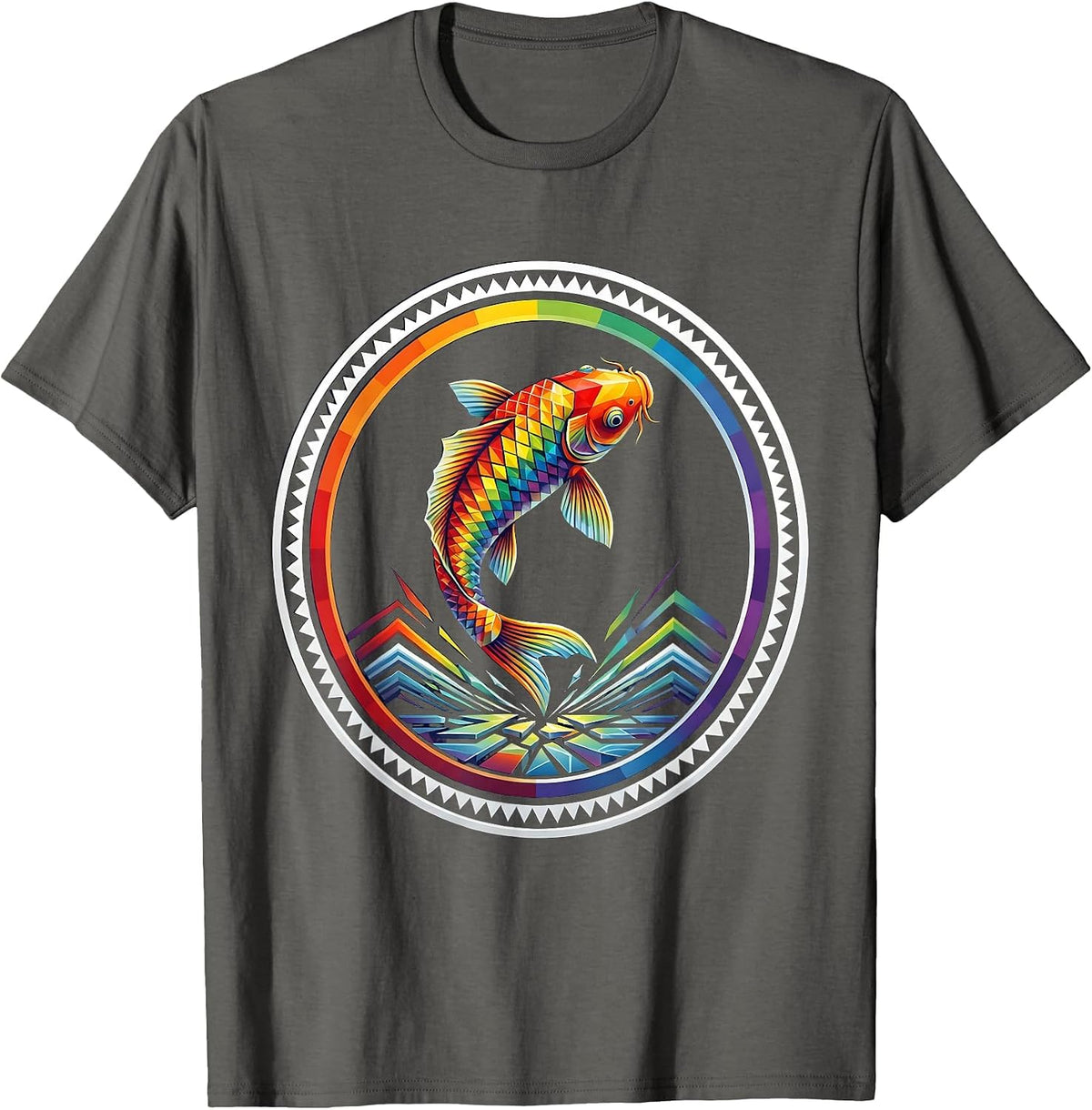 Rainbow Koi Fish Leaping From Water Illustration T-Shirt - Asphalt Grey