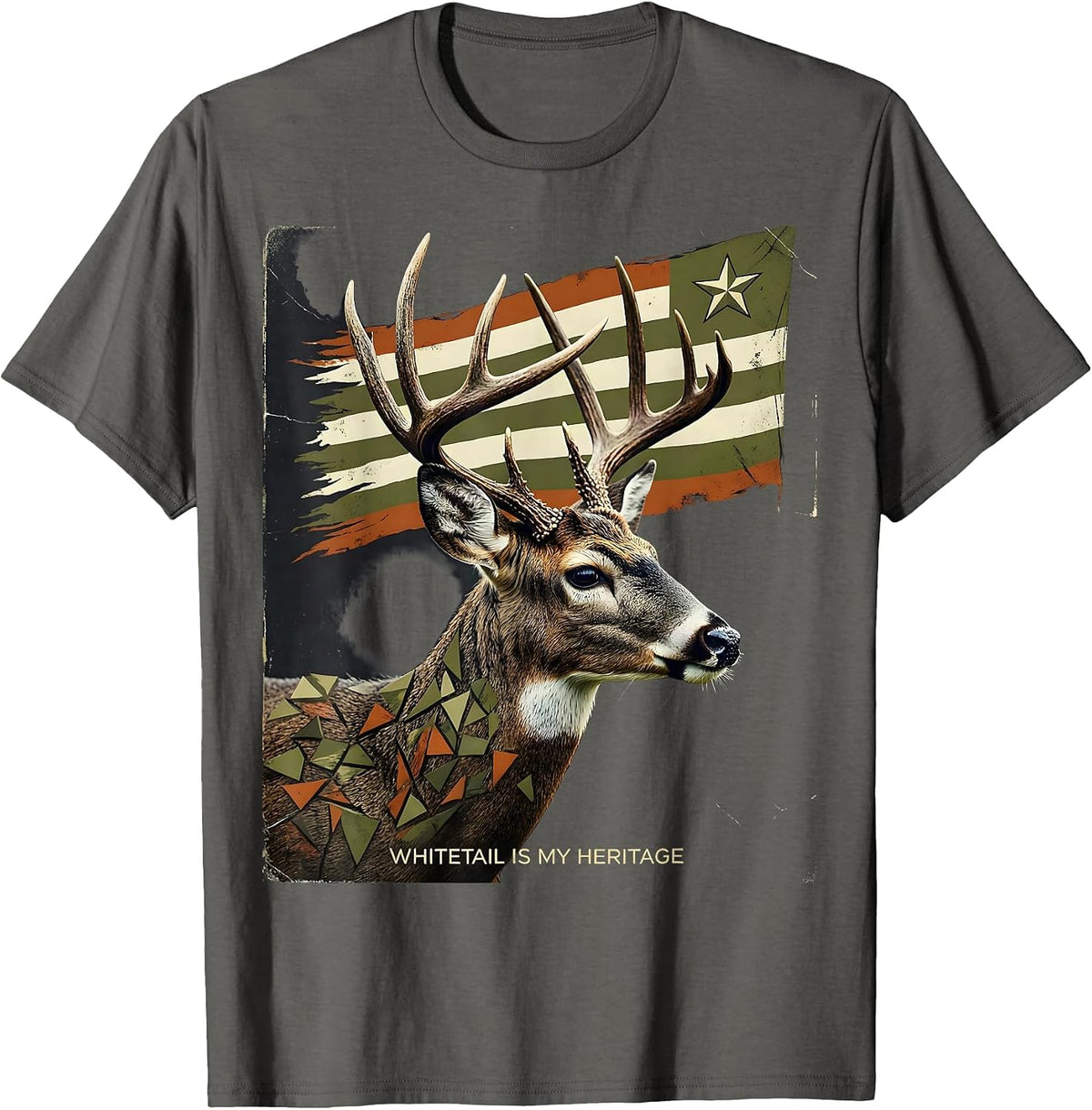 Men's Whitetail Is My Heritage Distressed Camo Deer Hunter Dad T-Shirt - Asphalt Grey