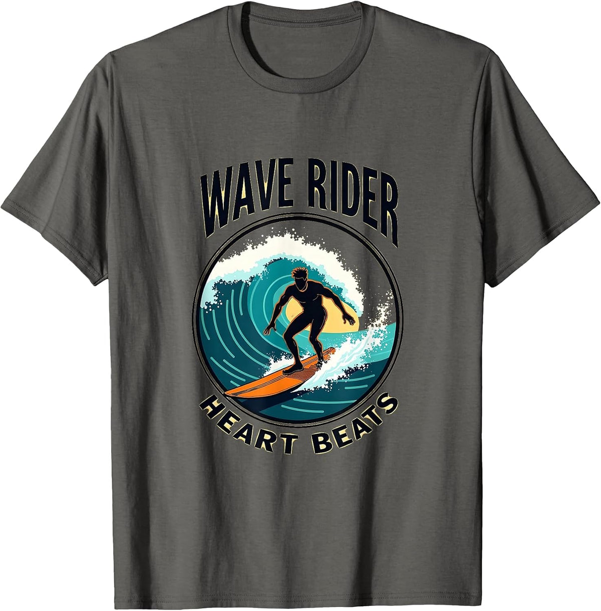 Wave Rider Heart Beats Surf Design T-Shirt - Asphalt Grey