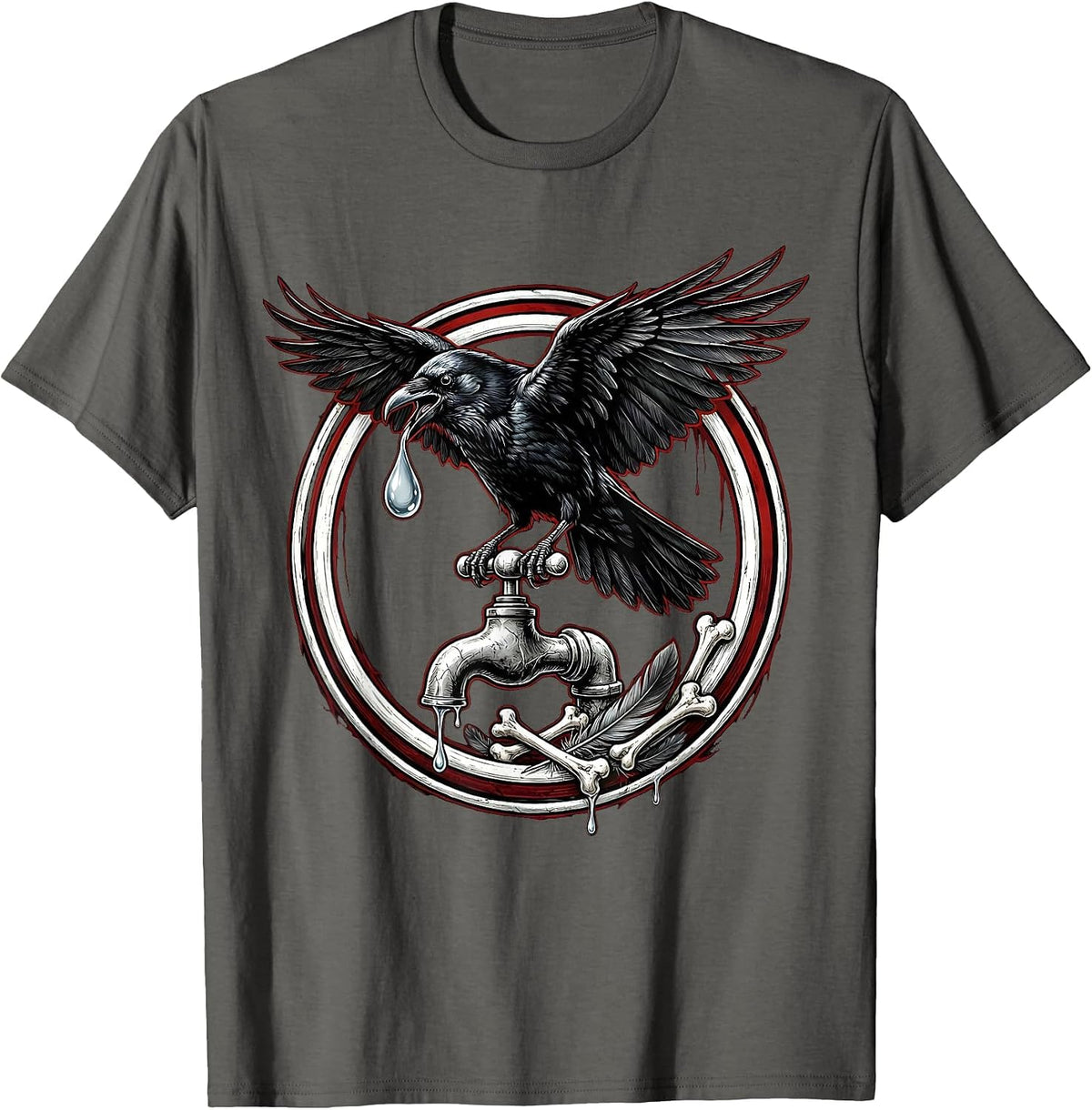 Crow Drinking From a Dripping Faucet Graphic T-Shirt - Asphalt Grey