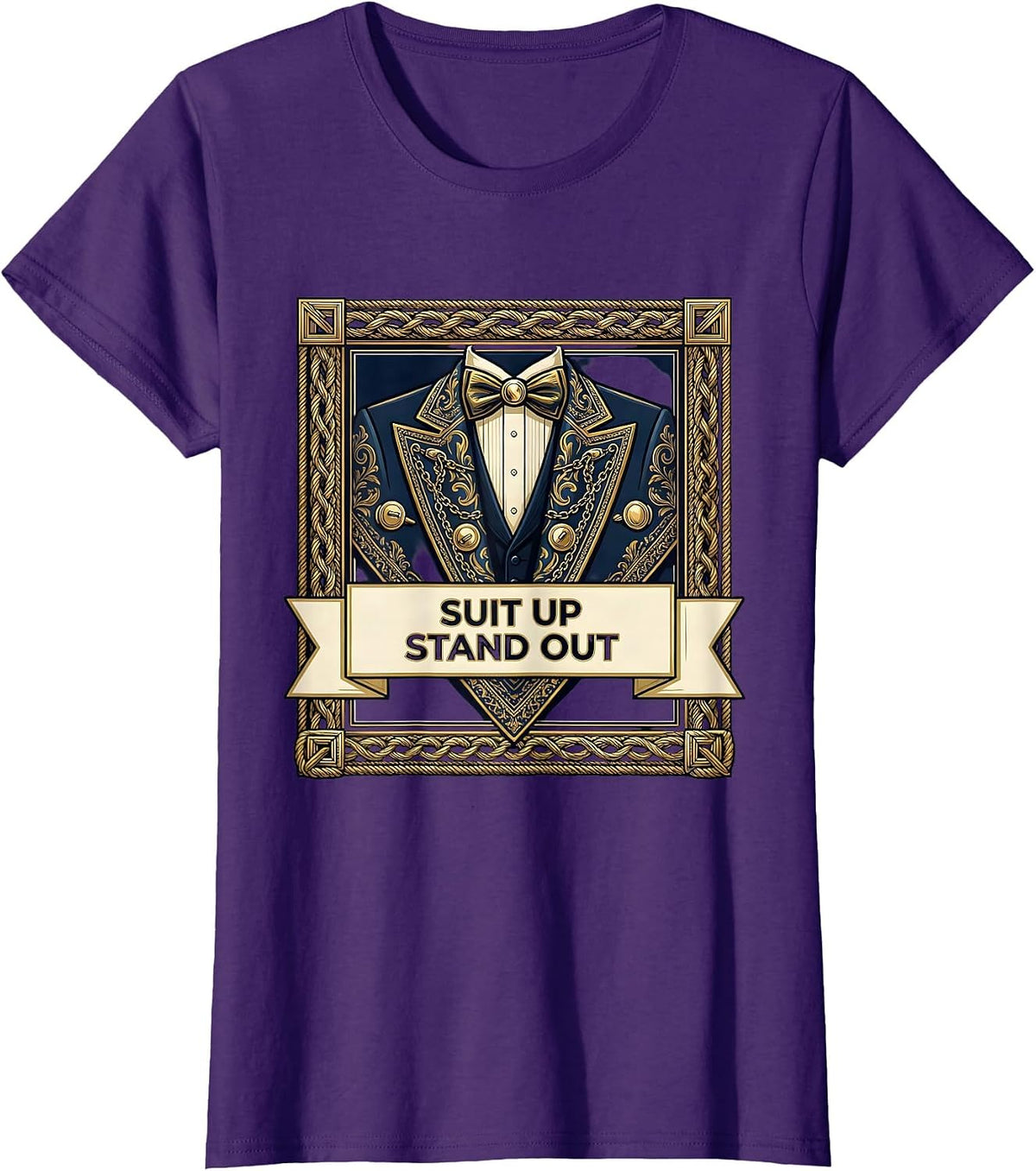 Women's Suit Up Stand Out Tuxedo Graphic Design T-Shirt - Purple