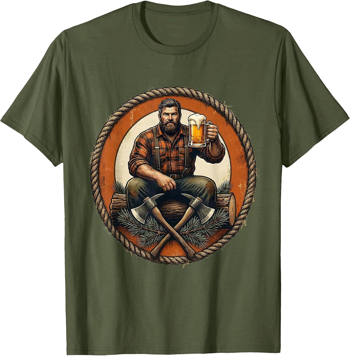 Lumberjack Relaxing With Cold Beer Graphic T-Shirt - Olive Green
