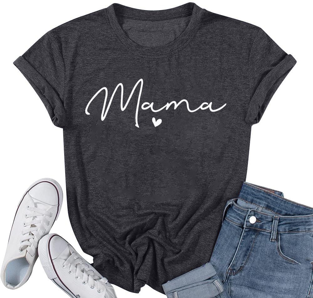 Mama Shirt for Women Mama Letter Print T-Shirt Funny Mom Life Tops Tee - Dark Grey