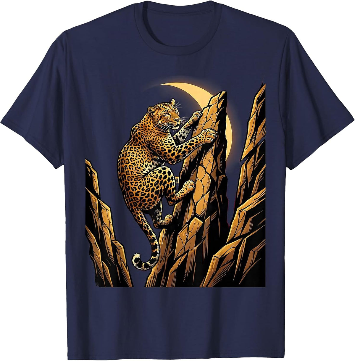 Leopard Climbing Cliff Face at Dusk Illustration T-Shirt - Navy Blue