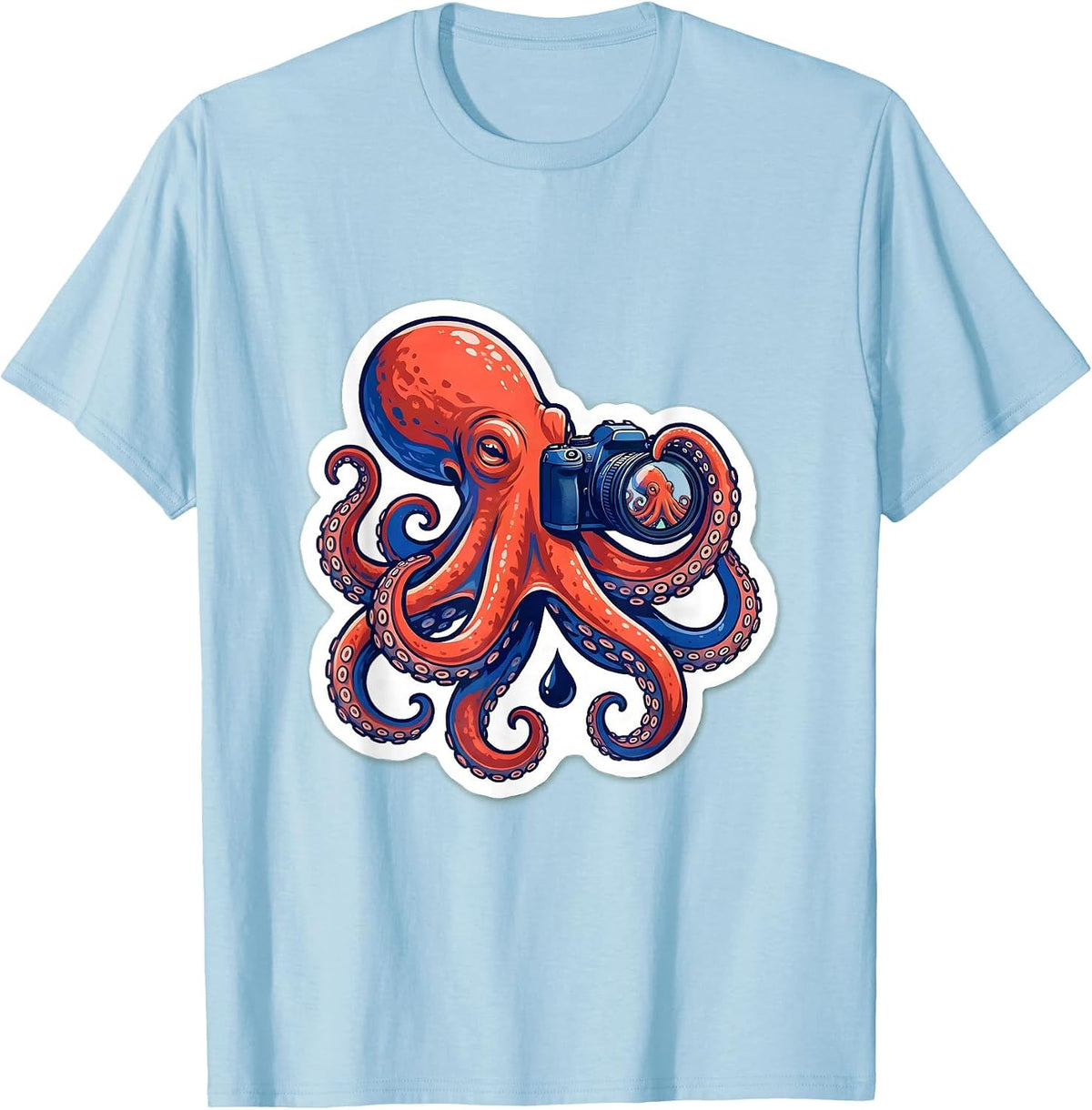 Men's Octopus Photographer Sticker Style Marine Biology Humor T-Shirt - Baby Blue