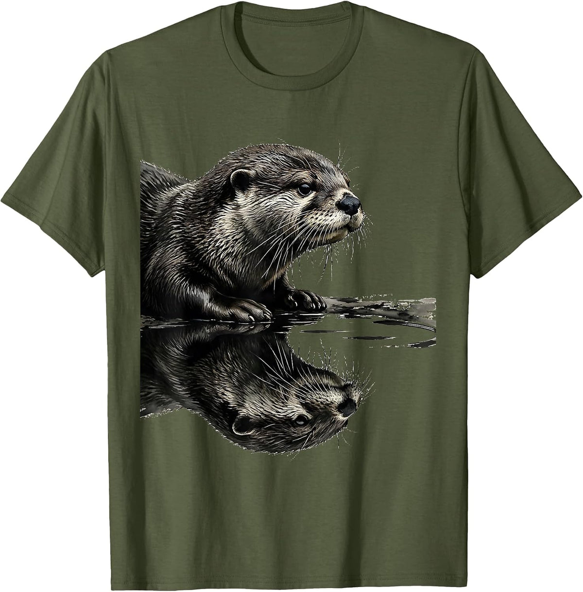 Men's Funny Otter Lover Ink Brush Novelty Gift T-Shirt - Olive Green