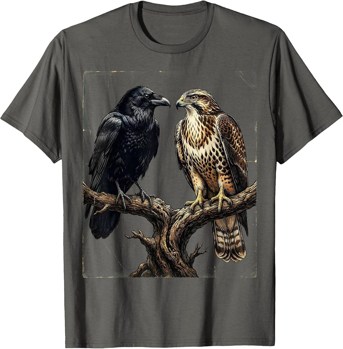 Hawk and Crow Face-to-Face on Branch Art T-Shirt - Asphalt Grey