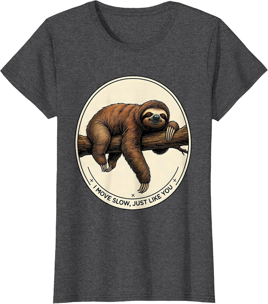 Women's I Move Slow Just Like You Vintage Sloth Lazy Humor Animal T-Shirt - Dark Heather Grey