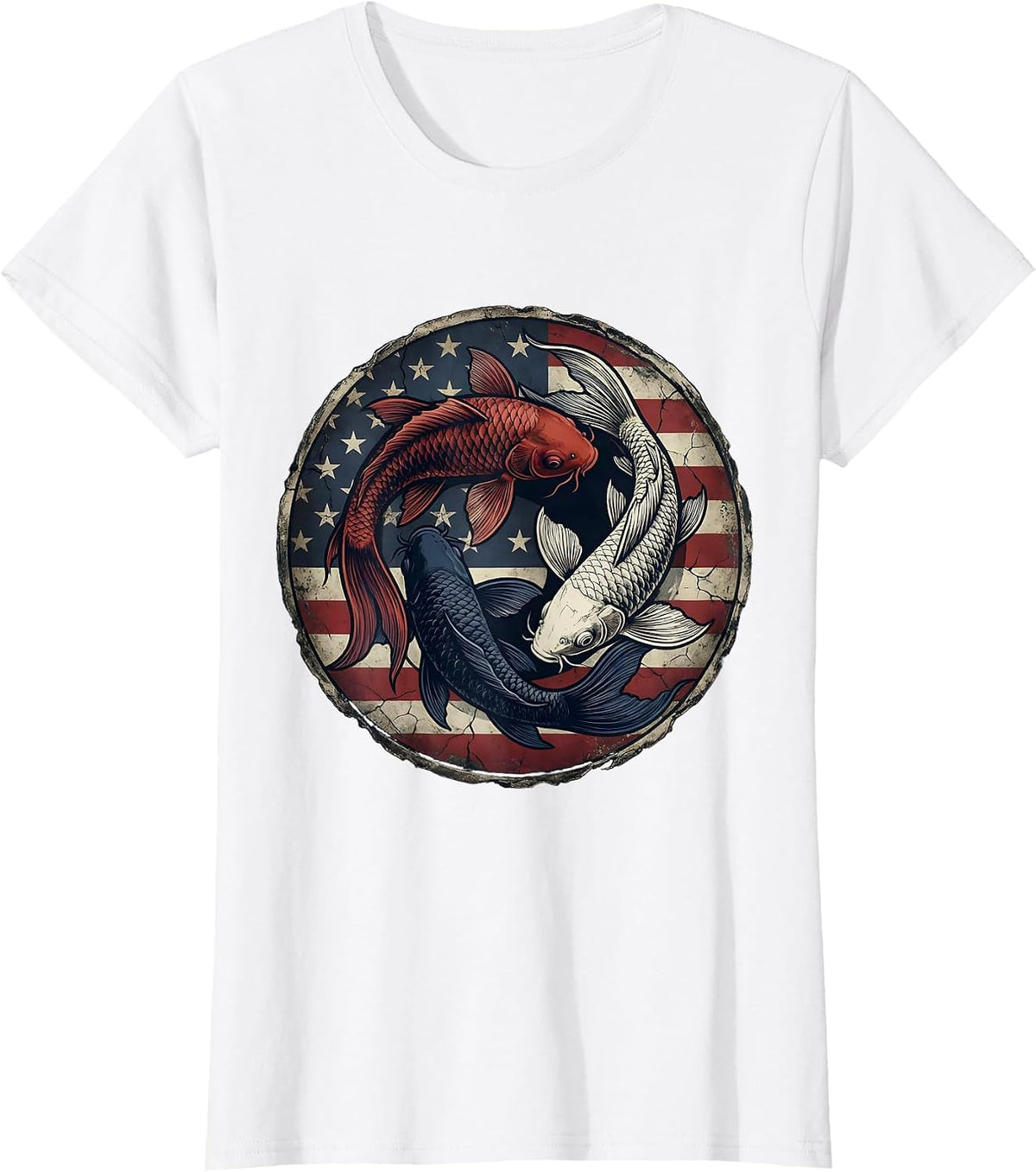 Women's Red White and Blue Koi Fish Intertwined Design T-Shirt - White
