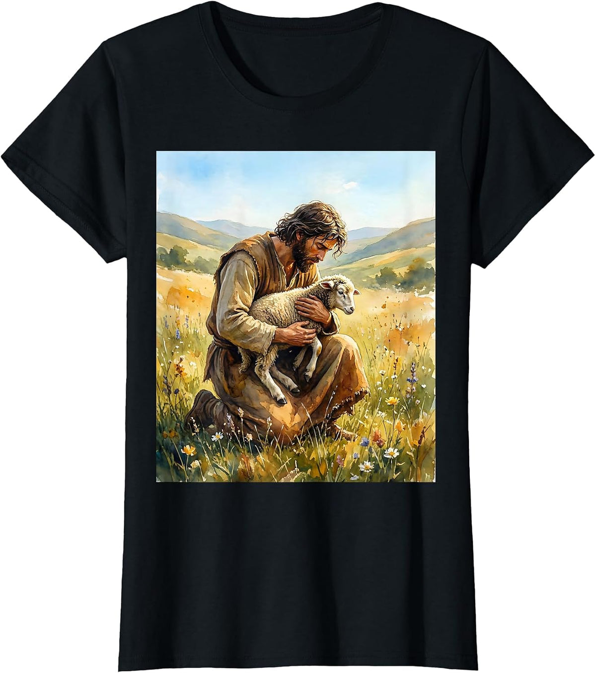 Psalm 23 Shepherd and Sheep Illustration T-Shirt - Black