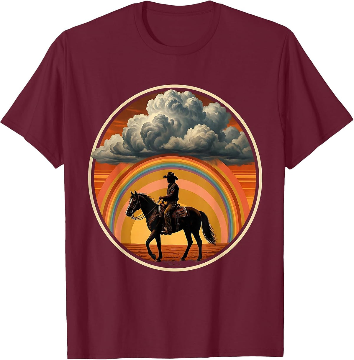 Cowboy Silhouette Riding Into Storm Clouds T-Shirt - Burgundy