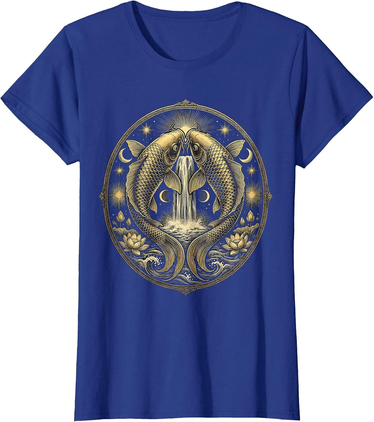 Women's Koi Fish Leaping Over Waterfall Japanese Art T-Shirt - Royal Blue