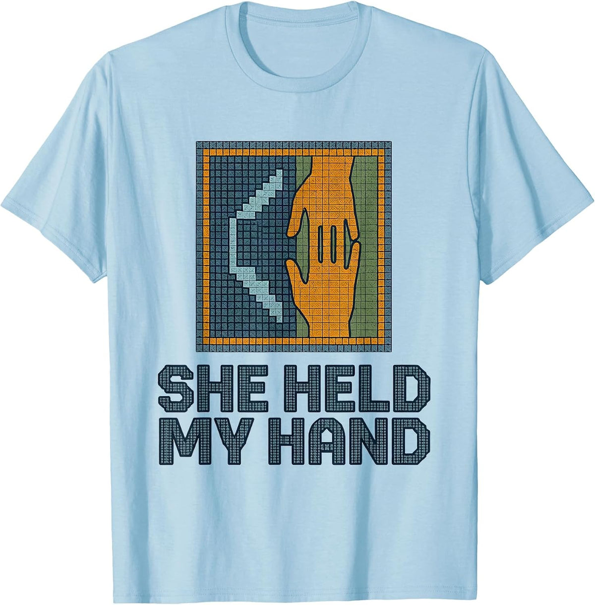 Men's She Held My Hand Cross Stitch Mammography Tech Sonographer T-Shirt - Baby Blue
