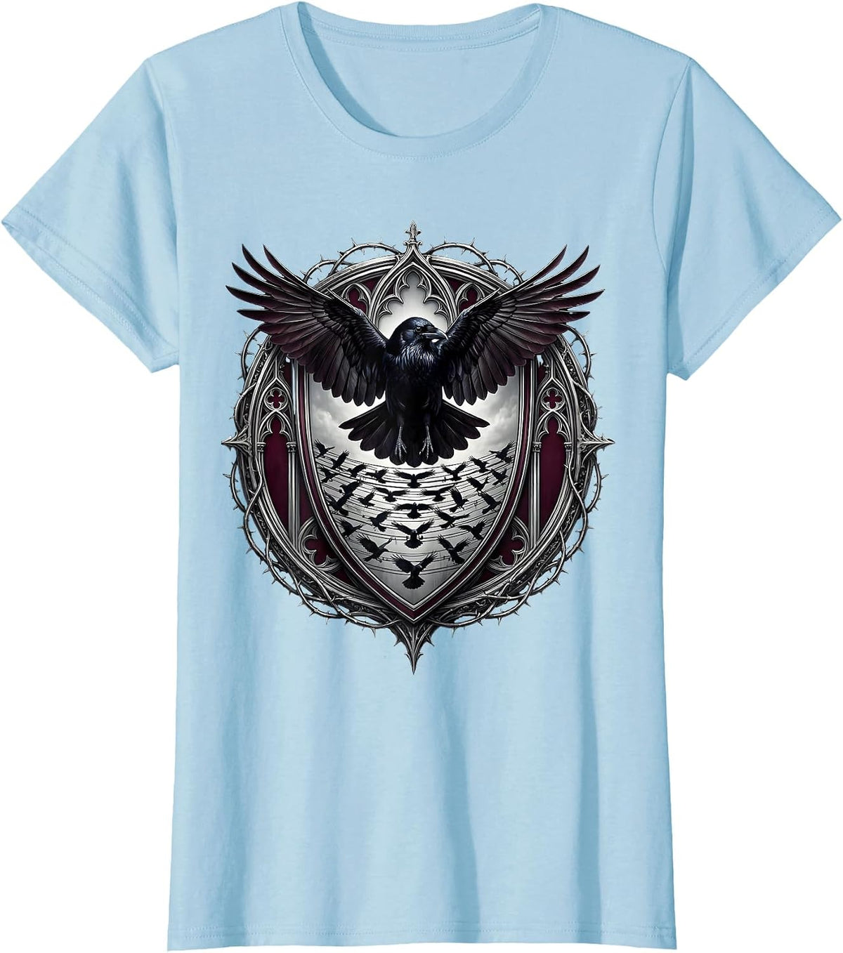 Crows on Power Lines Dark Nature Illustration T-Shirt - Baby Blue