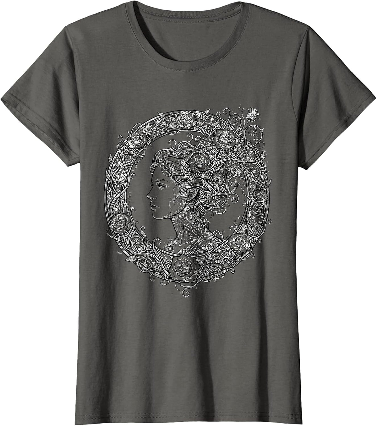 Women's Gigi Floral Profile Botanical Art Design T-Shirt - Asphalt Grey