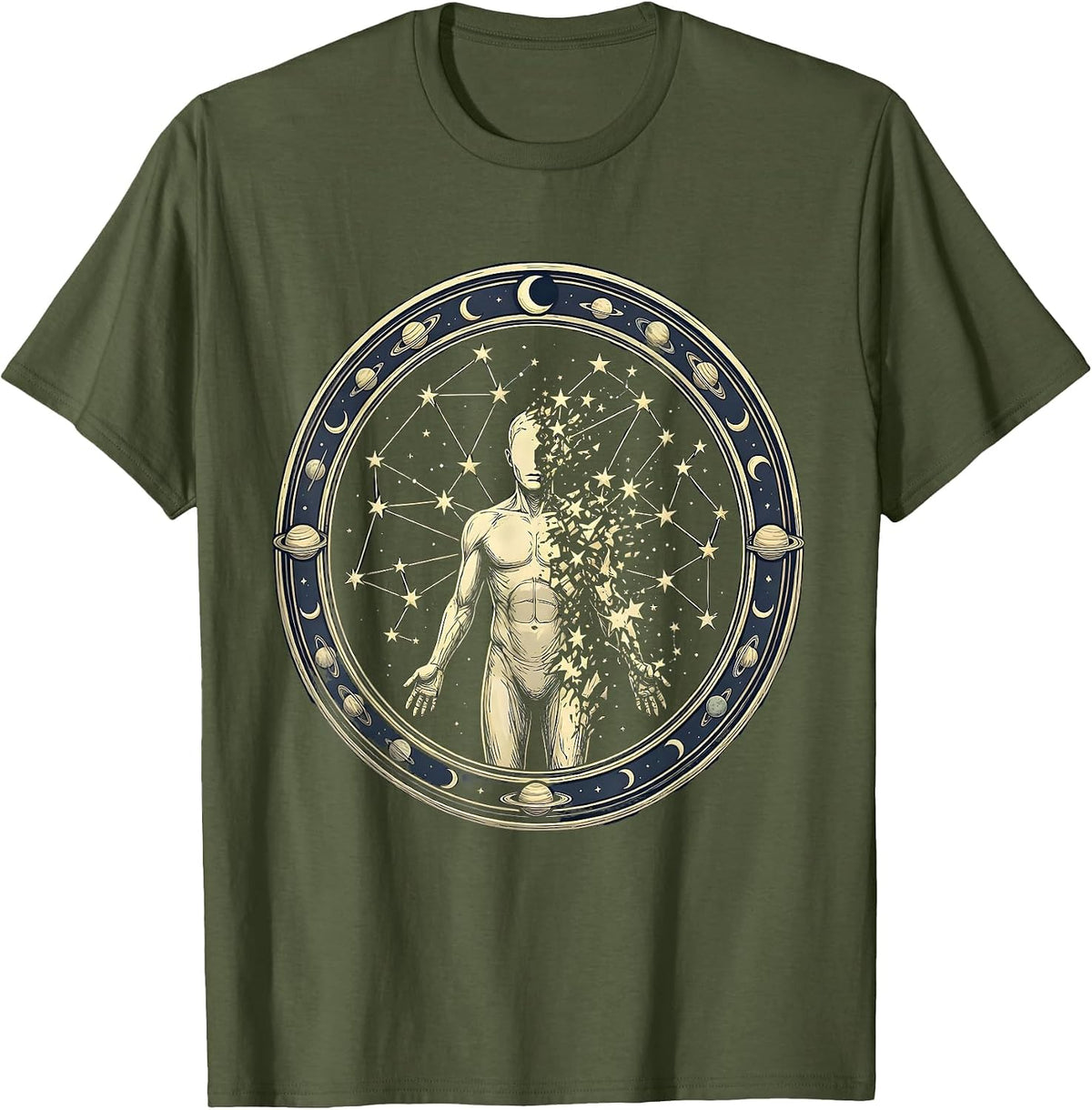 Human Constellation Dissolve Galaxy Space Art T-Shirt - Olive Green