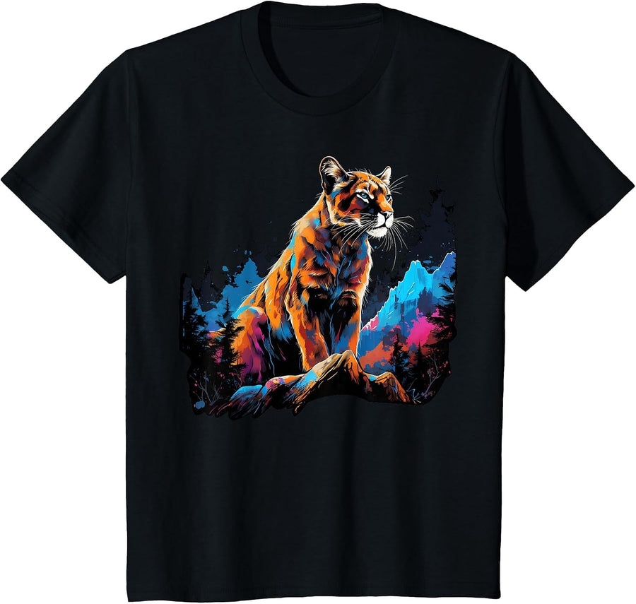 Cool Lion Cougar on Colorful Painted Mountain Lion Cougar T-Shirt - Black
