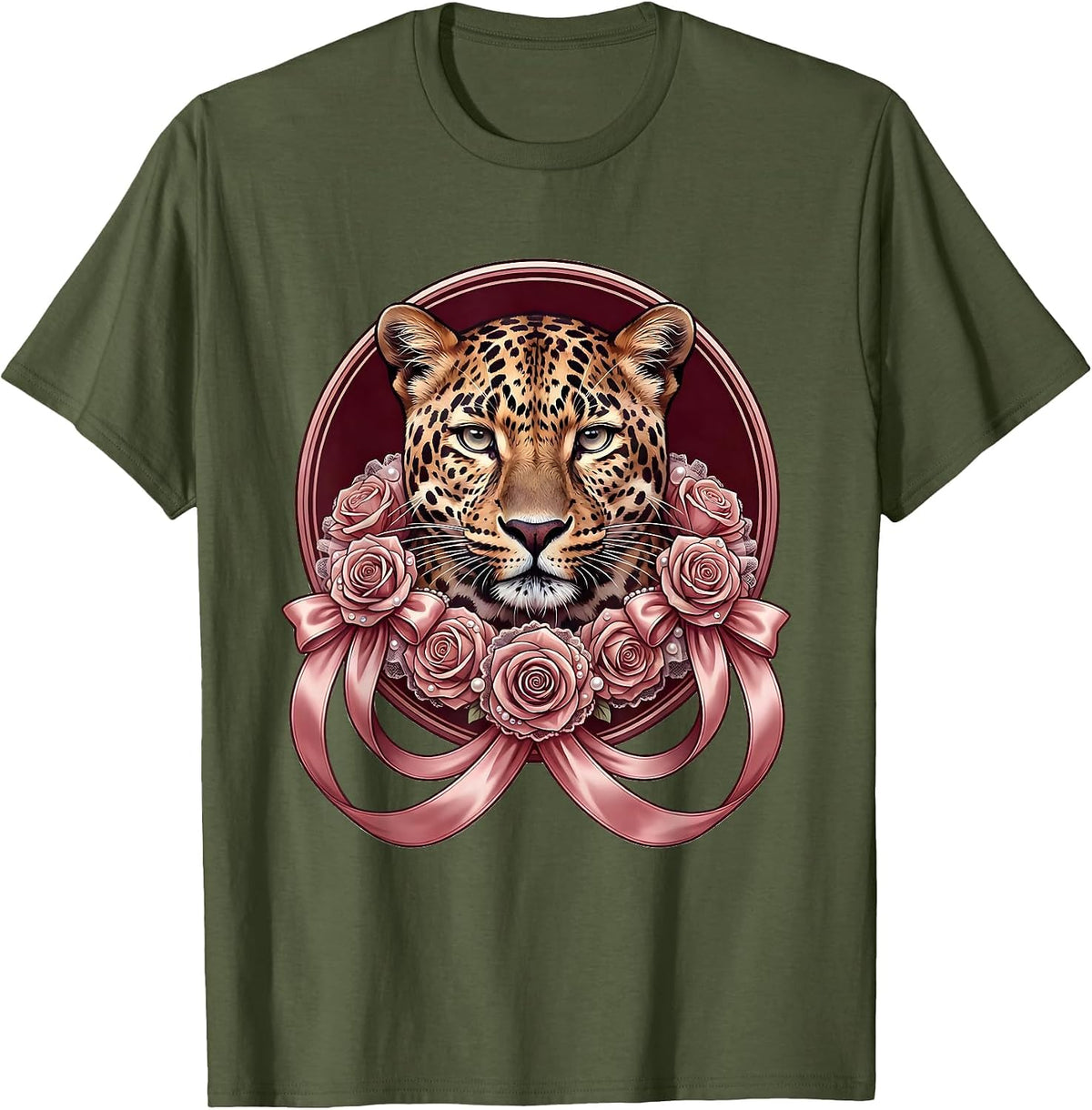 Gigi Leopard Floral Collar Graphic Tee T-Shirt - Olive Green