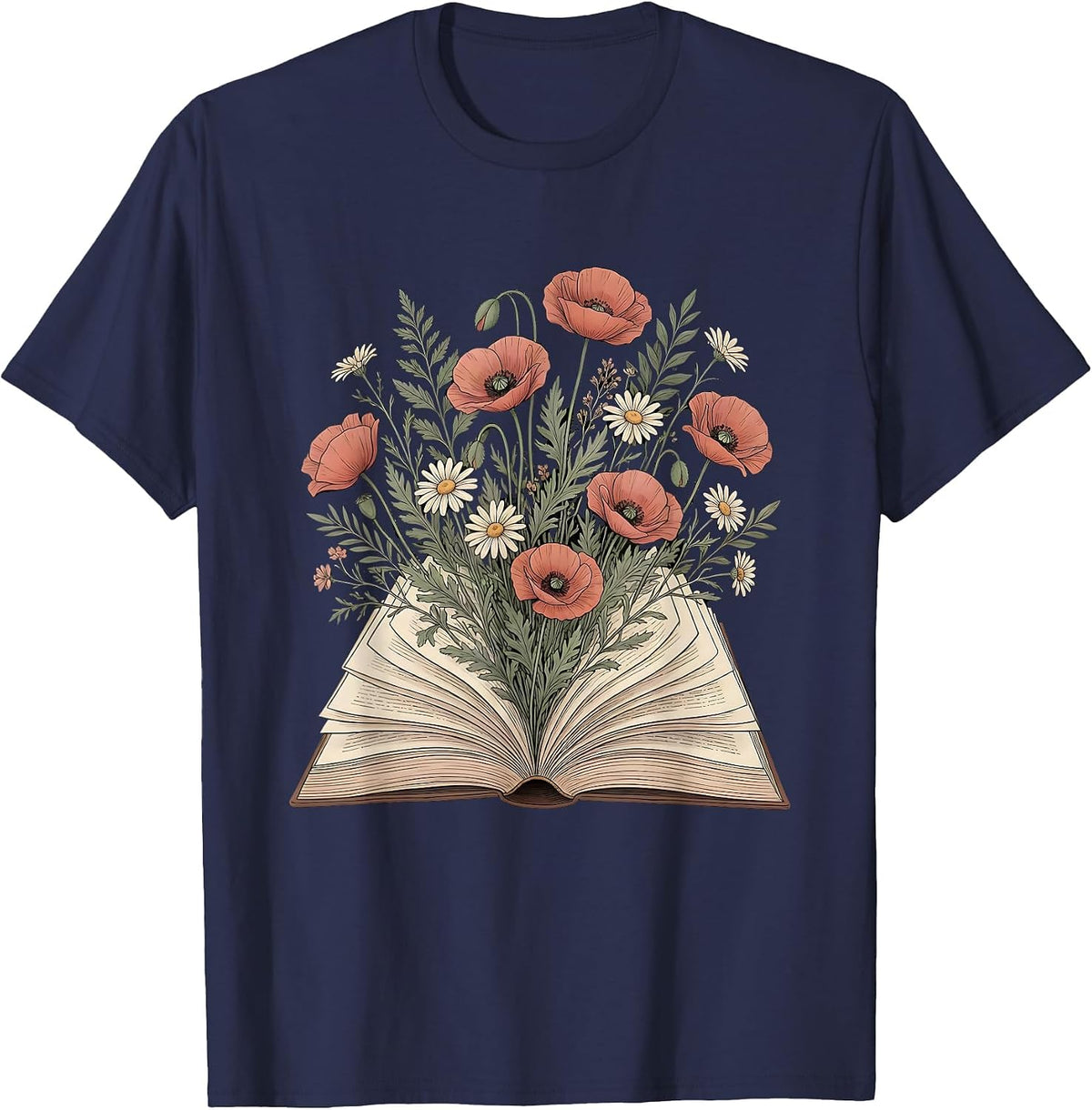 Floral Open Book Blooming Pages Illustration T-Shirt - Navy Blue