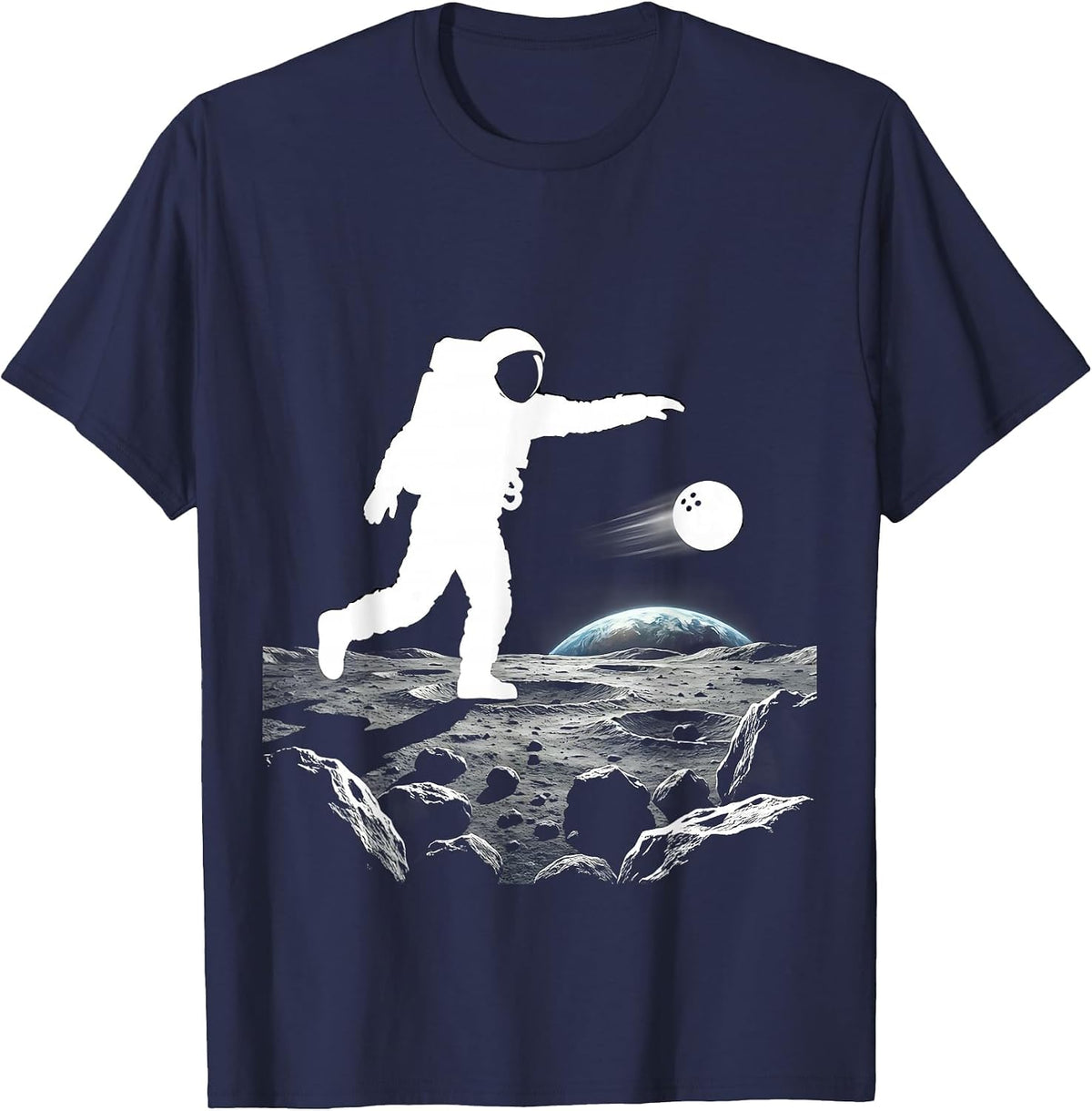 Astronaut Bowling on the Moon Graphic Tee T-Shirt - Navy Blue
