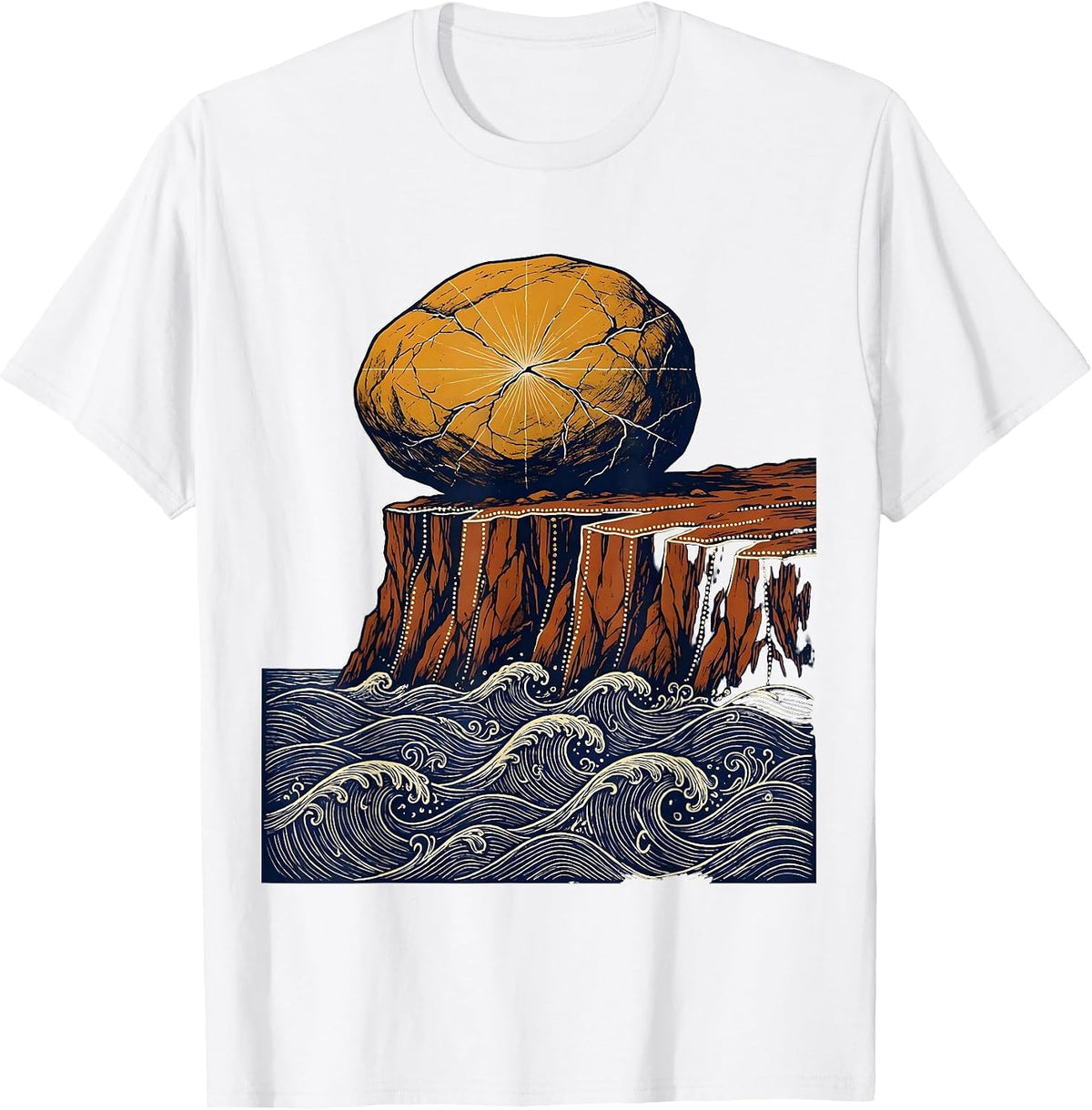 Men's Boulder on Cliff Edge Over Crashing Sea T-Shirt - White