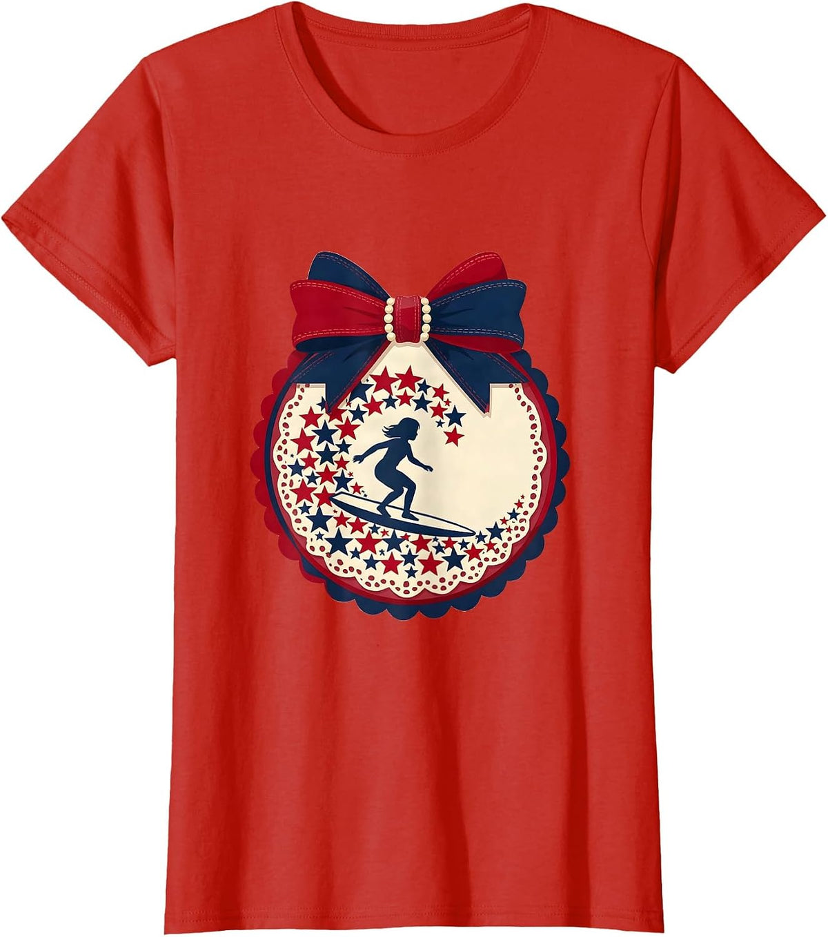 Patriotic Girl Surfing Wave of Stars Graphic T-Shirt - Red