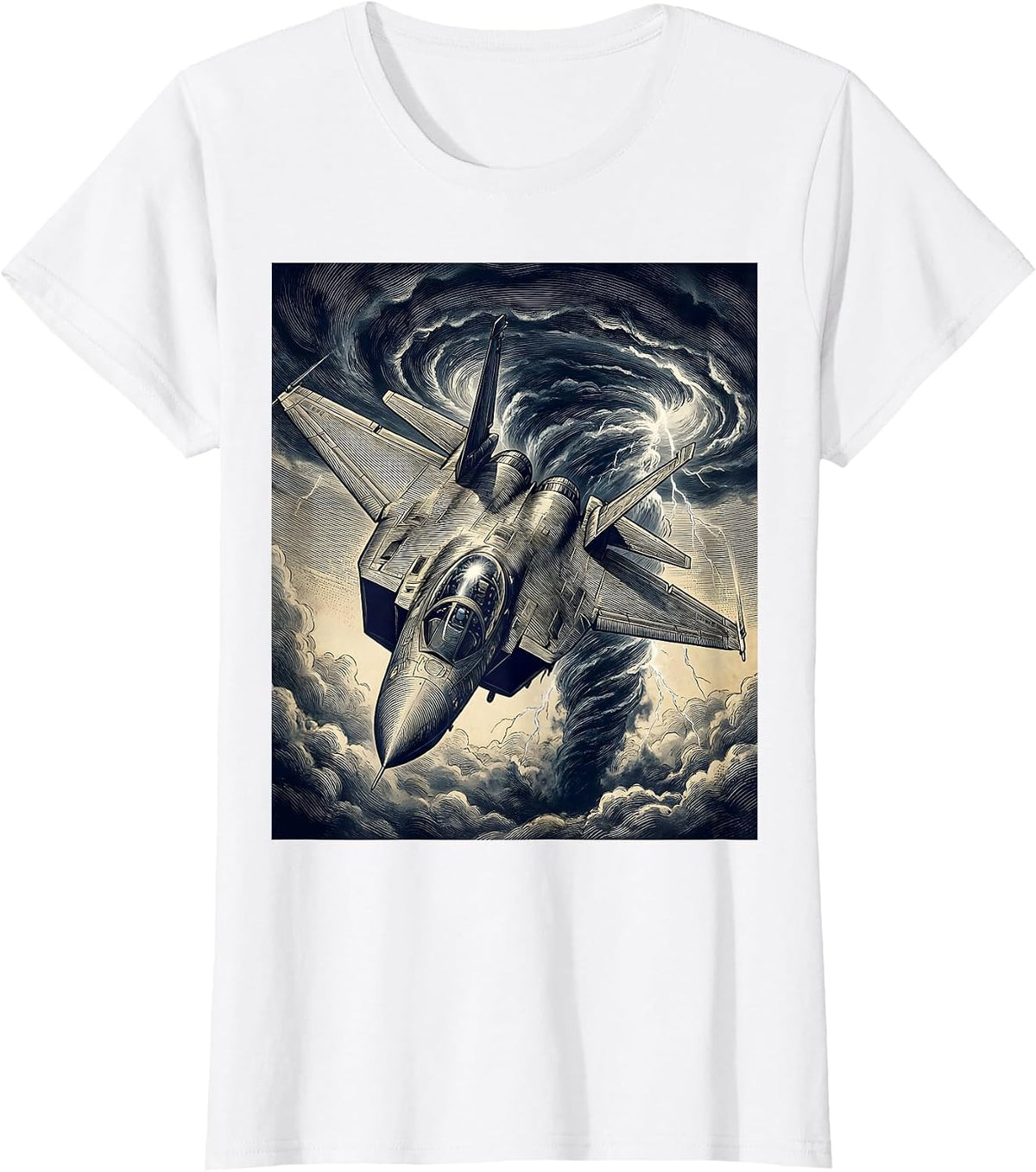 Women's Fighter Jet Diving Through Storm Clouds Design T-Shirt - White