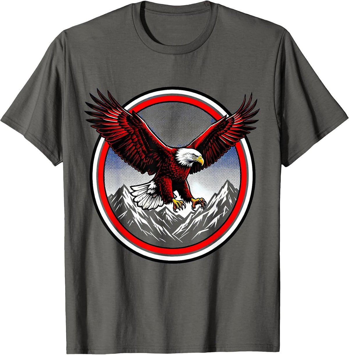 Bald Eagle Soaring Over Mountains Red White Blue T-Shirt - Asphalt Grey