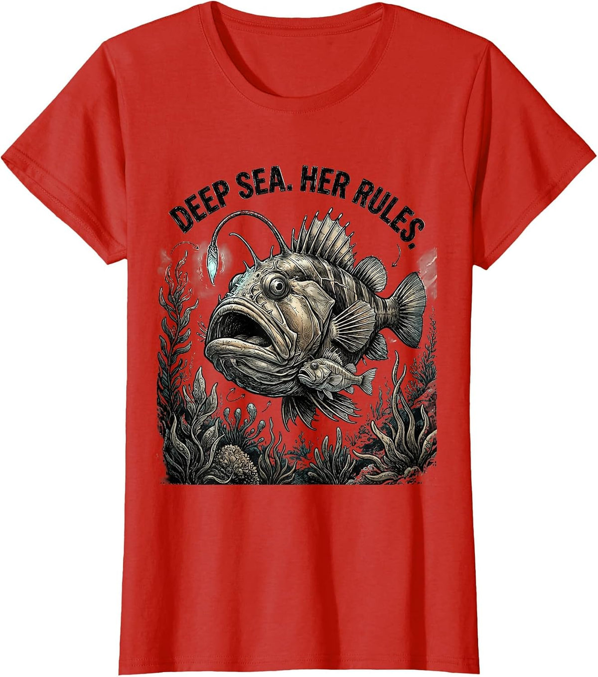 Deep Sea Her Rules Anglerfish Design T-Shirt - Red