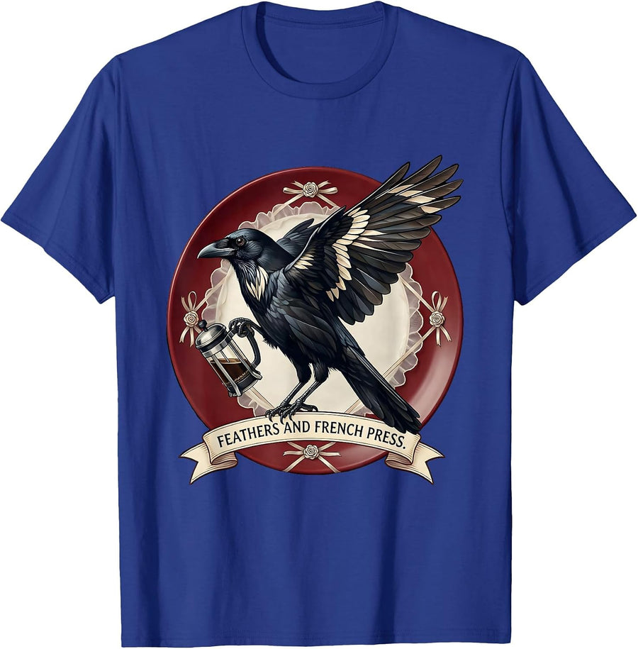 Feathers and French Press Cawf Crow Design T-Shirt - Royal Blue