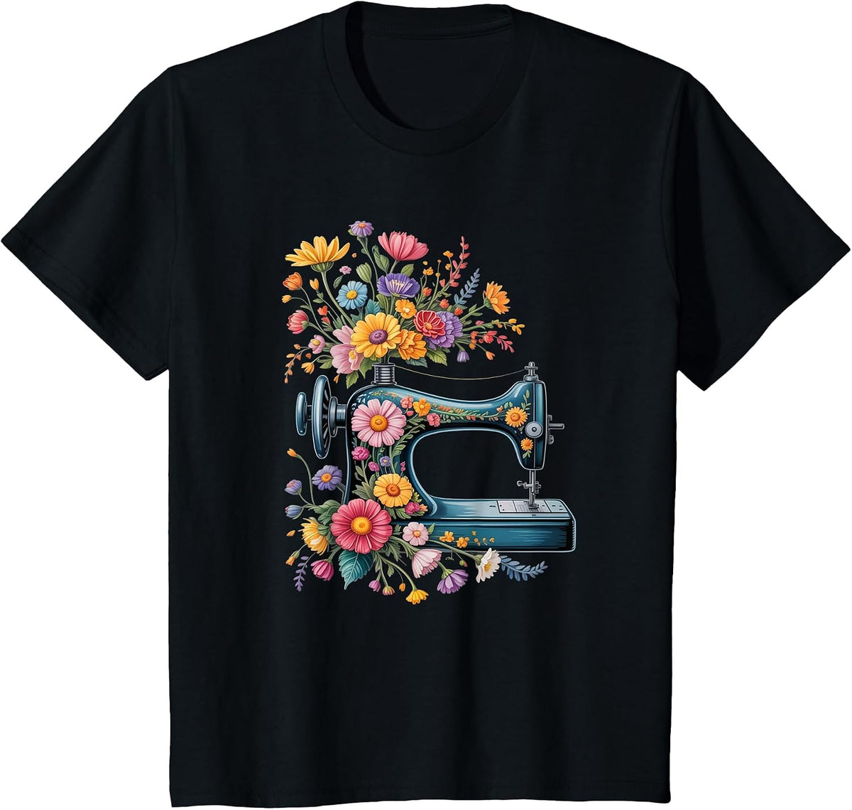 Vintage Sewing Machine with Floral Bloom Quilters Crafters T-Shirt - Black