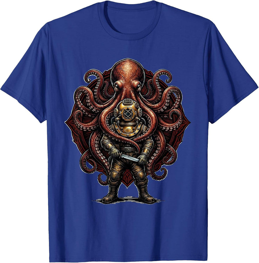 Deep Sea Diver vs Giant Octopus Cruise Design T-Shirt - Royal Blue