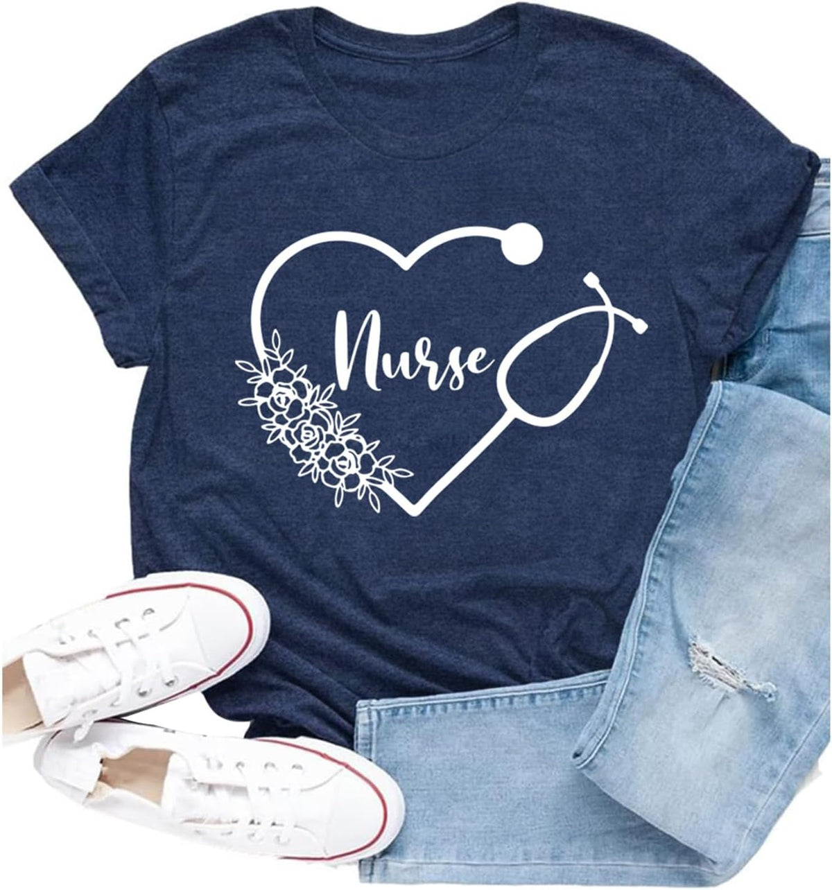 Womens Nurse Shirt Nurse Week Tee Nursing Stethoscope Heart Tops - Blue