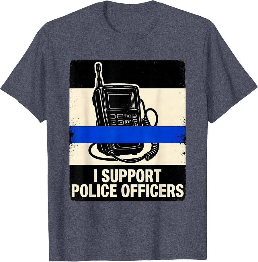 I Support Police Officers Thin Blue Line Law Enforcement T-Shirt - Heather Blue