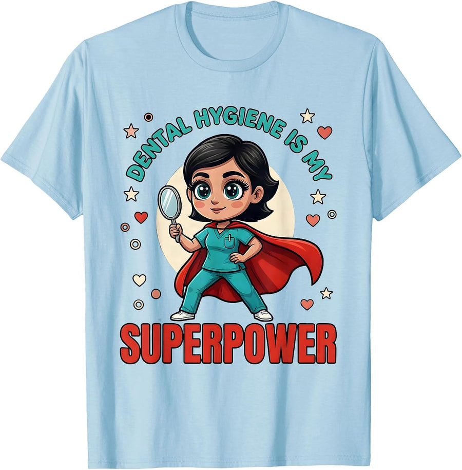Men's DENTAL HYGIENE IS MY SUPERPOWER Cartoon Dental Hygienist T-Shirt - Baby Blue