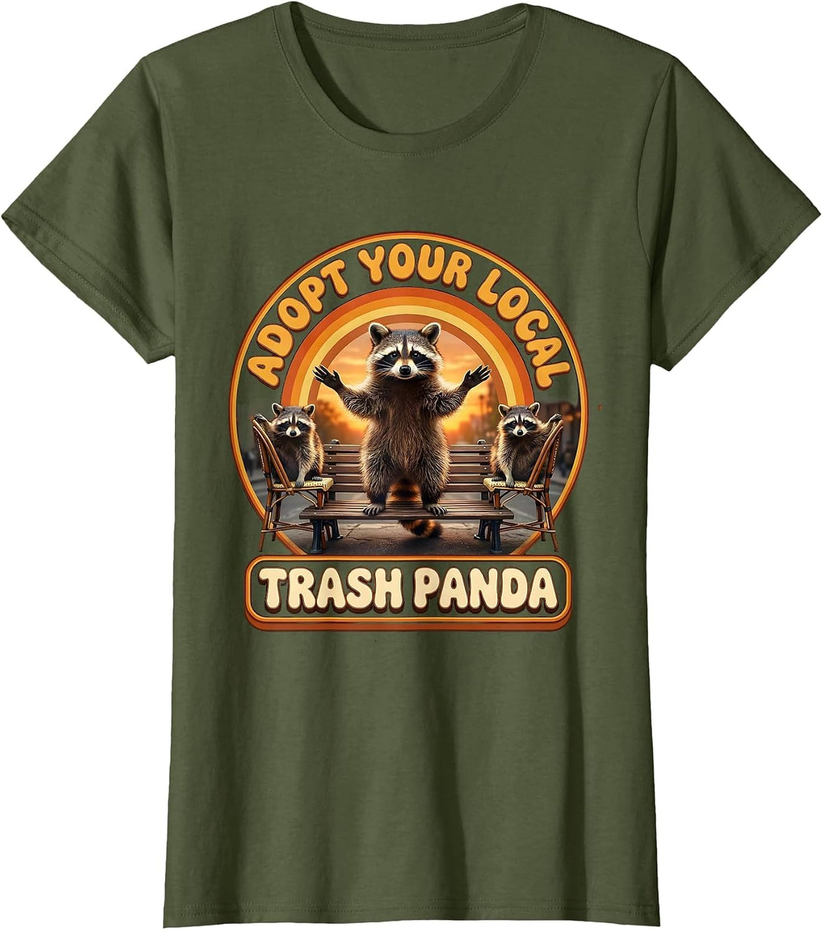 Women's Adopt Your Local Trash Panda Retro 70s Raccoon Meme Humor T-Shirt - Olive Green