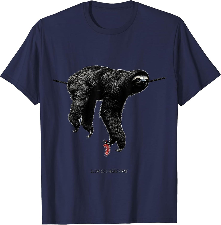 Slow Got Here First Funny Sloth Christmas Humor Sloth Lover T-Shirt - Navy Blue