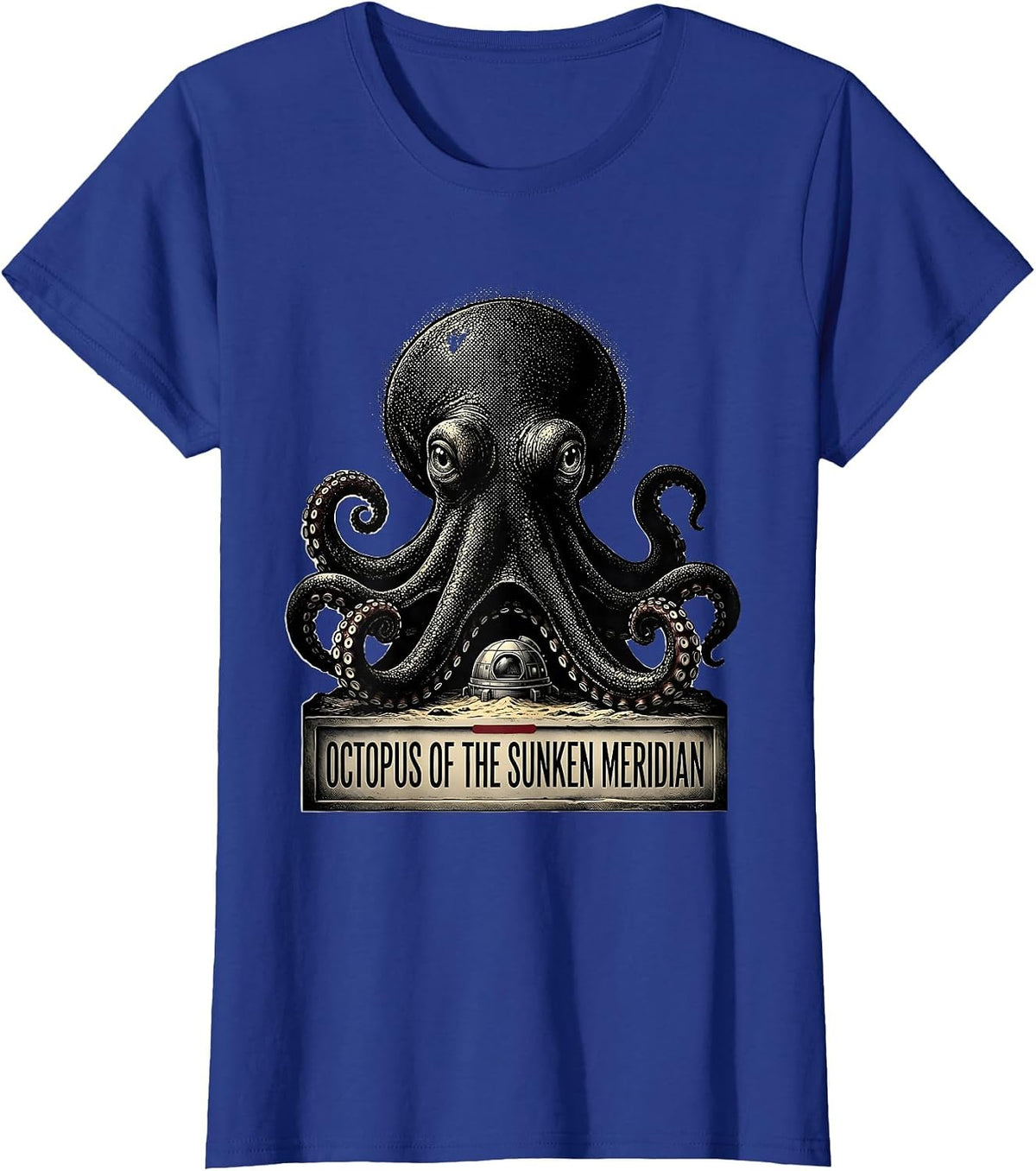 Women's Octopus of the Sunken Meridian Blackwork Dotwork Ocean T-Shirt - Royal Blue