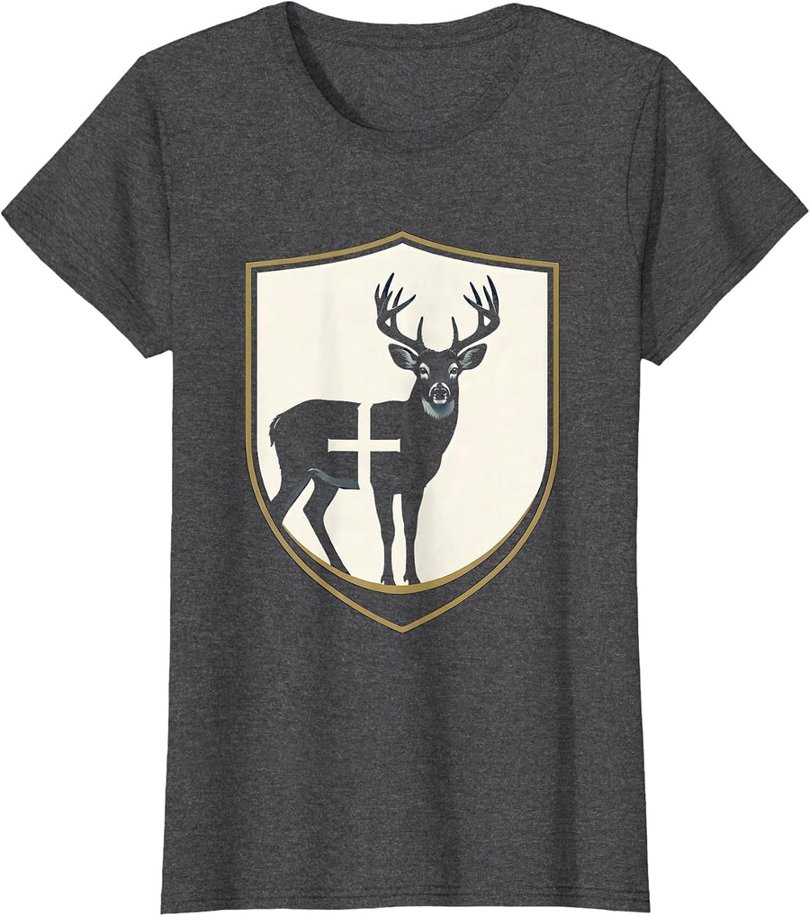 Women's Whitetail Buck Shield Christian Hunting Faith Emblem T-Shirt - Dark Heather Grey