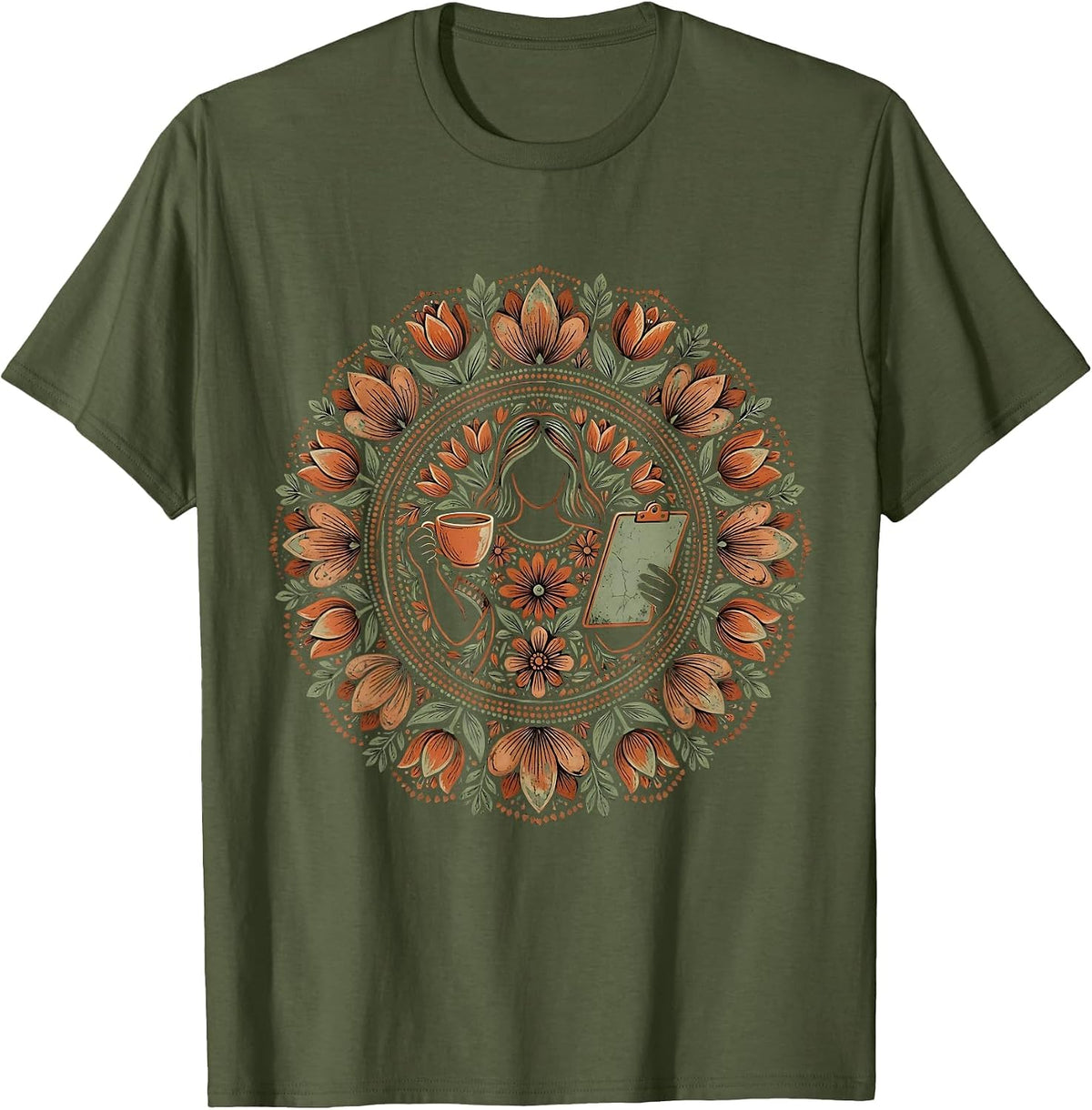 Paraprofessional Balancing Coffee and Clipboard T-Shirt - Olive Green