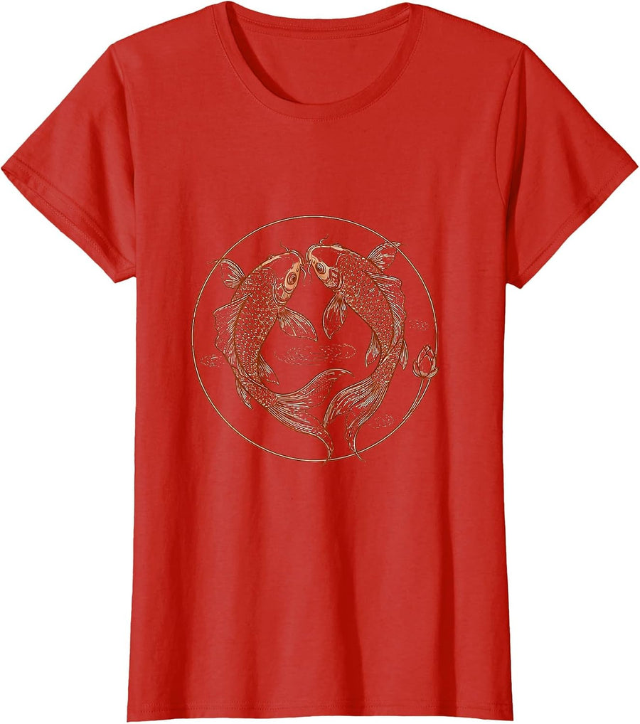 Women's Koi Fish Swirling Pond Illustration T-Shirt - Red
