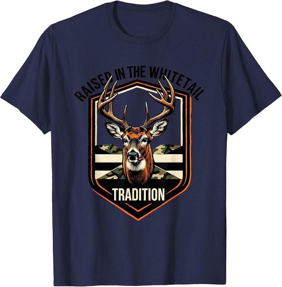 Raised In The Whitetail Tradition Stencil Camo Deer Hunter T-Shirt - Navy Blue