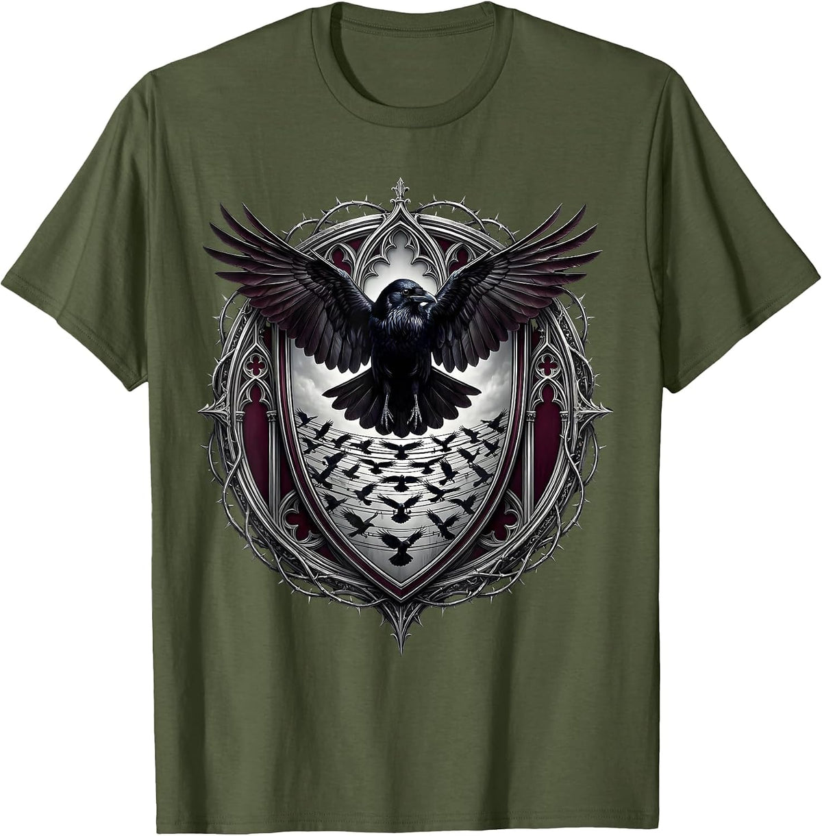 Crows on Power Lines Dark Nature Illustration T-Shirt - Olive Green
