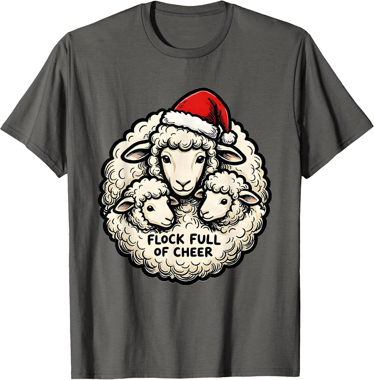 Men's Flock Full Of Cheer Funny Sheep Christmas Pun Novelty Gift T-Shirt - Asphalt Grey
