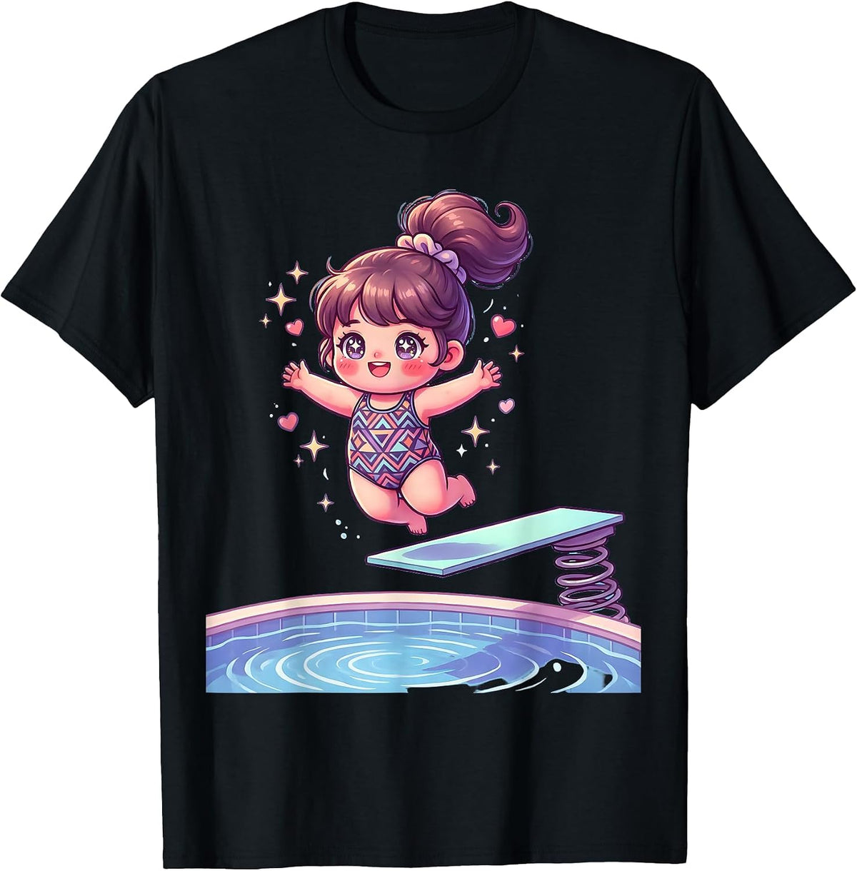 Men's Retro 80s Diving Board Swimsuit Graphic T-Shirt - Black