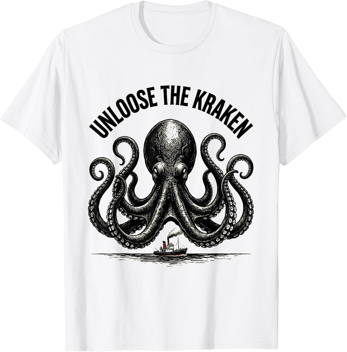 Men's Unloose The Kraken Vintage Kraken Sea Monster Octopus Lover T-Shirt - White