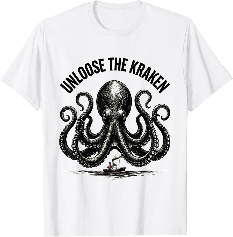 Men's Unloose The Kraken Vintage Kraken Sea Monster Octopus Lover T-Shirt - White